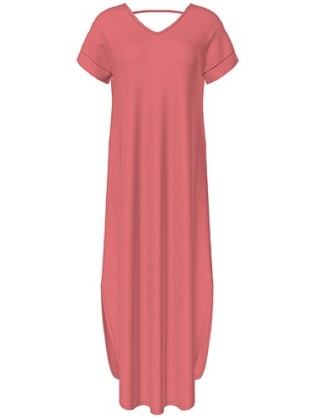 LuLaRoe Macy Coral V-Neck Maxi Dress with Short Cuffed Sleeves